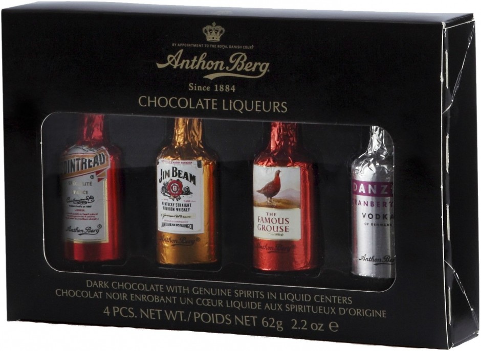 Шоколад Anthon Berg, Assortie «Chocolate Liqueurs» Filled Bottles, 4 pcs, gift box, 62 г